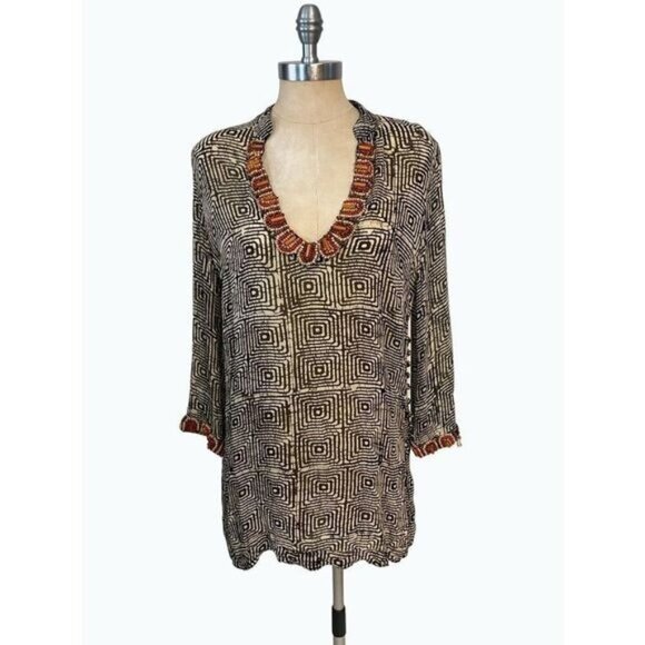 Soft Surroundings Wooden Beads trim Tunic Top Swimsuit coverup Medium - Picture 1 of 5